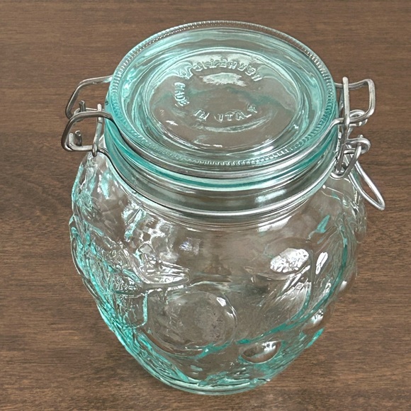 HERMETIC GREEN TINT GLASS FRUIT EMBOSSED 6" CANISTER WIRE BAIL HINGED LID ITALY - Picture 3 of 15